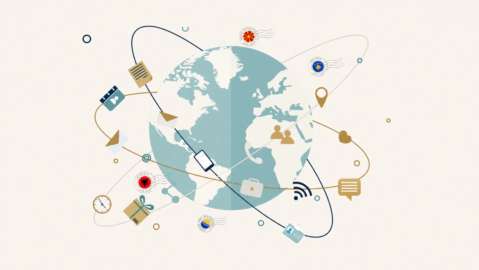 Illustrated globe with mail routes and country postmarks in PerfectQue's navy, gold, and teal palette
