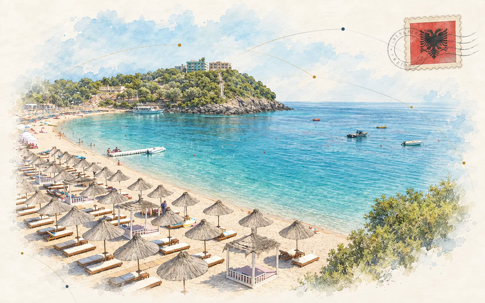 Watercolour postcard of Albania featuring the turquoise coast