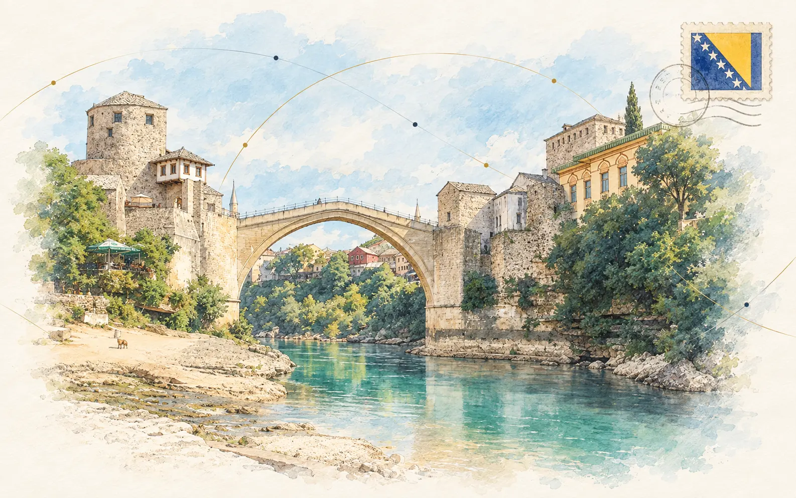 Watercolour postcard of Bosnia featuring Stari Most in Mostar