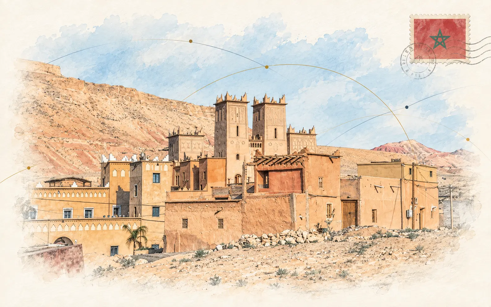 Watercolour postcard of Morocco featuring a historic desert kasbah