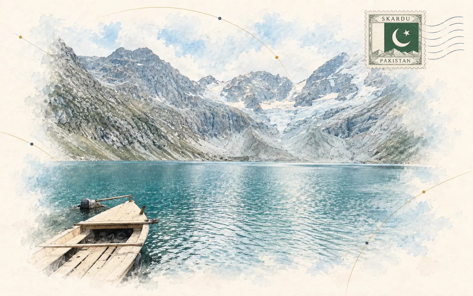 Watercolour postcard of Pakistan featuring an alpine lake in Skardu